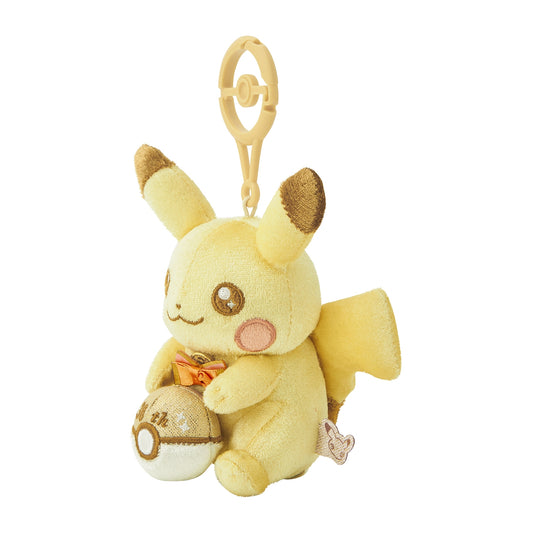 Official Pokémon Center Japan 30th Anniversary Pikachu plush keychain, featuring a carabiner attachment, birthday ribbon, and an embroidered '30th' Poké Ball.