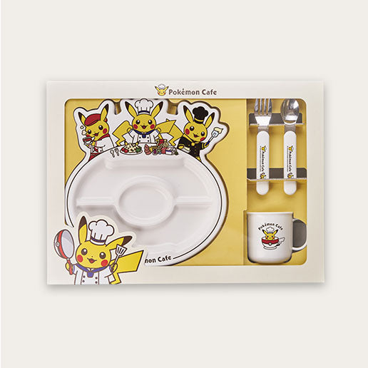 Pokémon Cafe children's dining set with plate, mug, and cutlery in packaging. Shop at LEALEA MART.