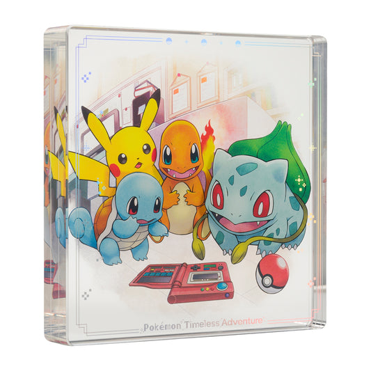 Thick decorative acrylic display block featuring official Pokémon Timeless Adventure Kanto artwork.