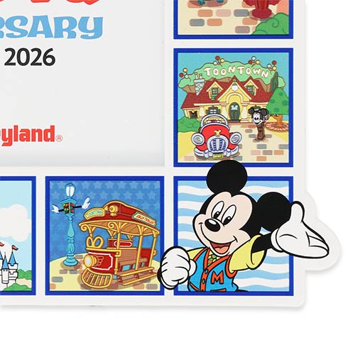 Official Tokyo Disneyland 43rd Anniversary acrylic photo stand featuring a colorful Toontown design.