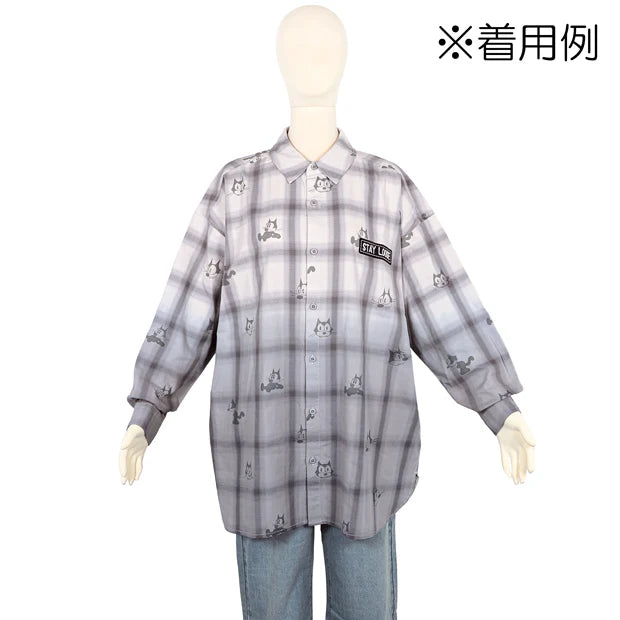 A grey and white plaid button-down shirt from the USJ UNIVRS collection with an all-over print of Felix the Cat's face and a black patch that says 'STAY LOOSE'.
