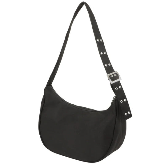 A black shoulder bag from the USJ UNIVRS collection featuring a pocket with a graphic of the shark from Jaws and the text 'JAWS' and 'AMITY ISLAND'.