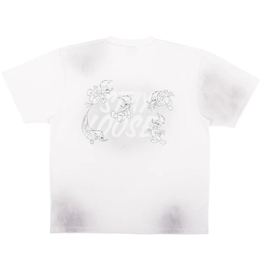 A white oversized t-shirt from the USJ UNIVRS collection featuring a tie-dye effect and a small graphic of Woody Woodpecker laughing with the text 'WOODY WOODPECKER'.