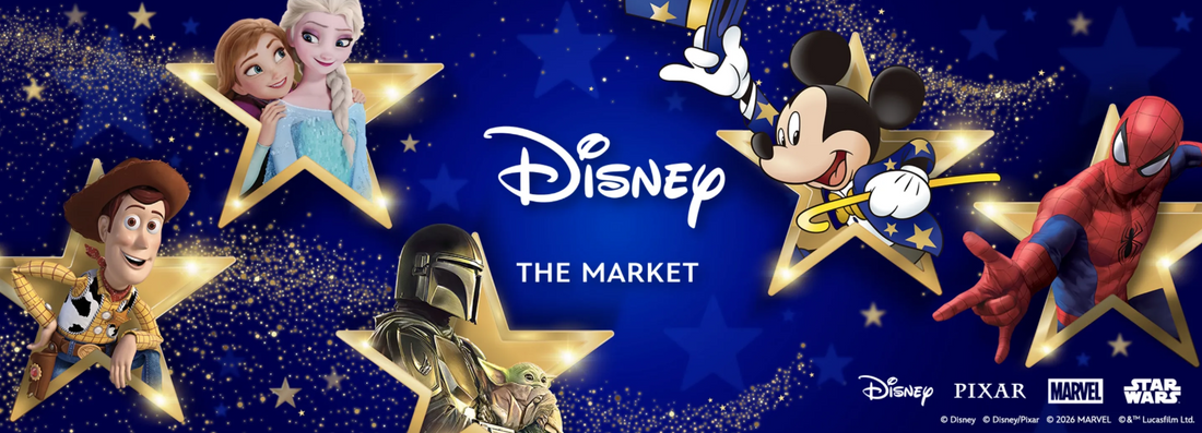 A promotional banner for the Disney THE MARKET 2026 traveling pop-up event. The image features the official event logo and highlights the massive collection of exclusive merchandise.