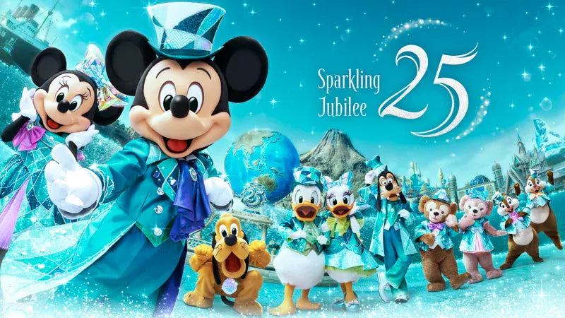 A promotional banner for the Tokyo DisneySea 25th Anniversary "Sparkling Jubilee" collection. The image features a festive design washed in the signature "Jubilee Blue" color.