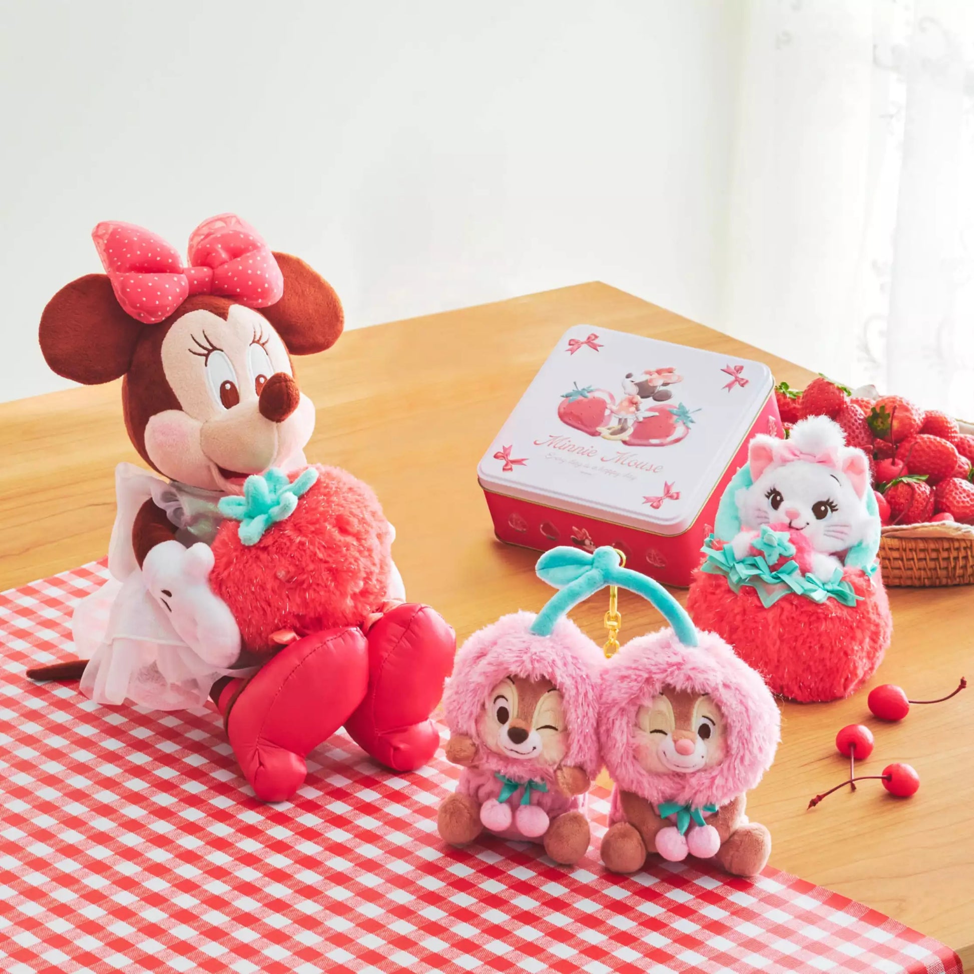 Glossy Fruits series keychain with transparent fruit design and Chip 'n Dale charm. Aesthetic red and pink accessories from Disney Store Japan.