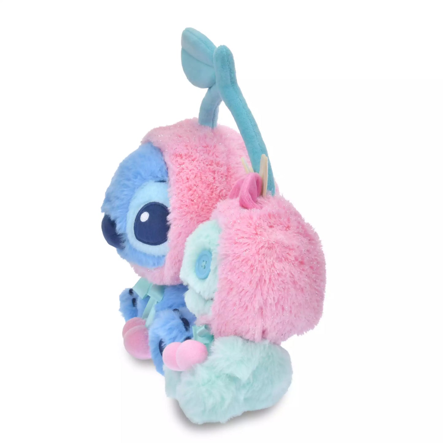 Disney Store Japan Glossy Fruits Stitich and Scrump plush. Stitich and Scrump are wearing a pink cherry fruit shape hat. Japan exclusive aesthetic.