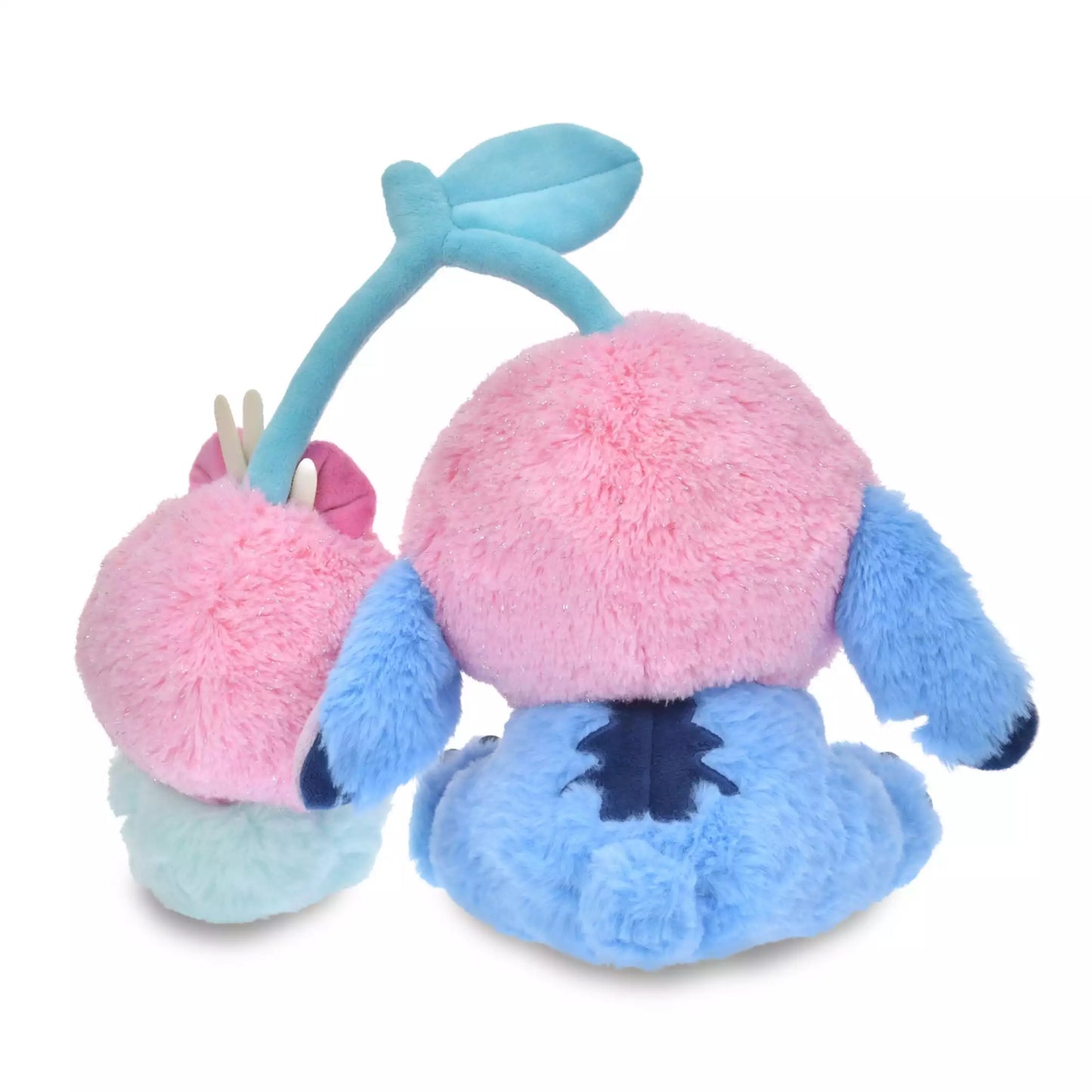 Disney Store Japan Glossy Fruits Stitich and Scrump plush. Stitich and Scrump are wearing a pink cherry fruit shape hat. Japan exclusive aesthetic.
