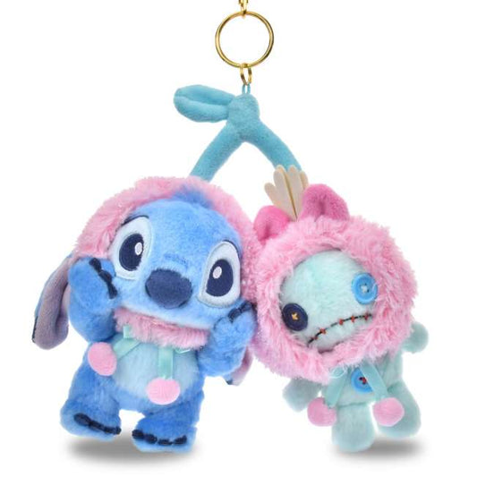Glossy Fruits series keychain with transparent fruit design and Stitich and Scrump charm. Aesthetic red and pink accessories from Disney Store Japan.