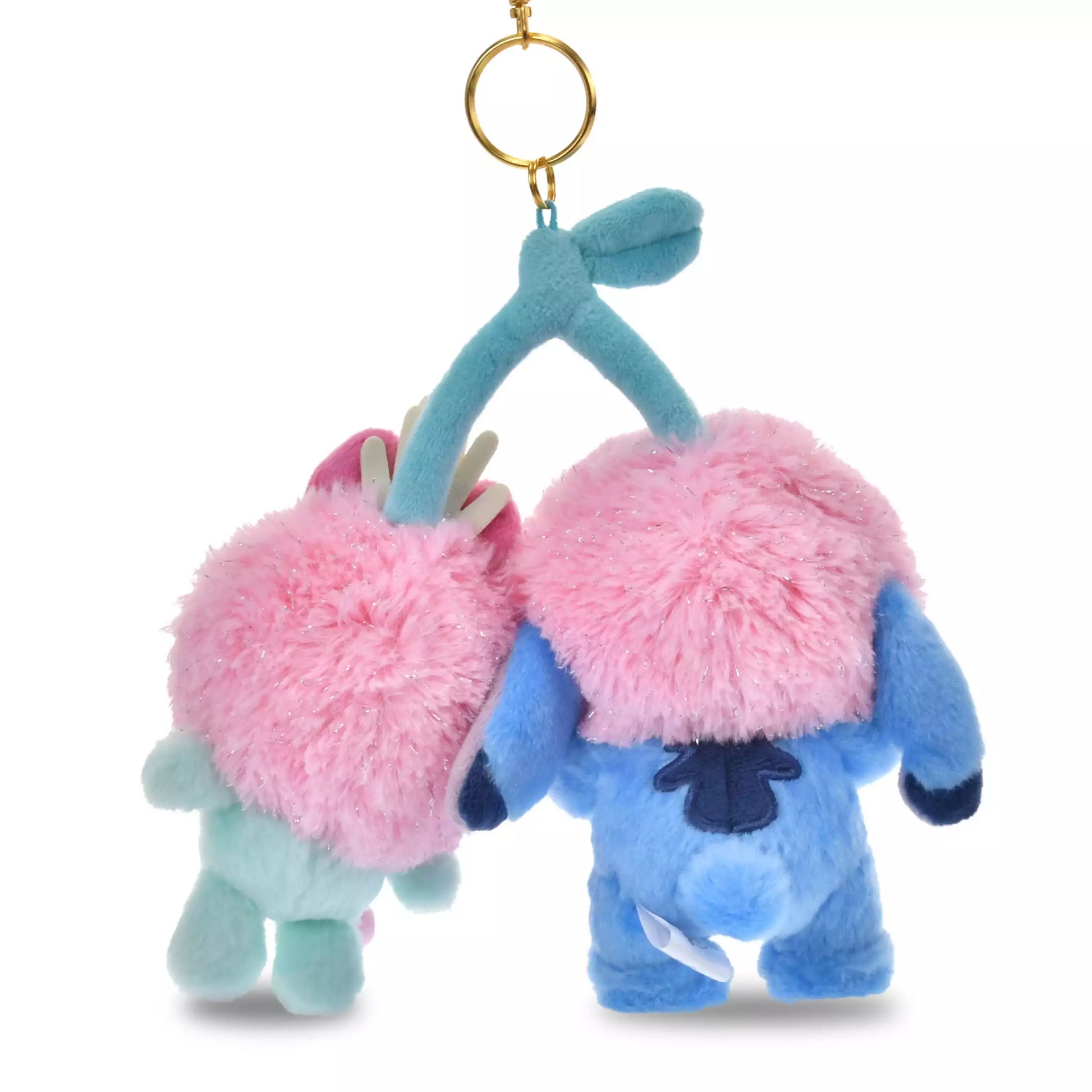 Glossy Fruits series keychain with transparent fruit design and Stitich and Scrump charm. Aesthetic red and pink accessories from Disney Store Japan.