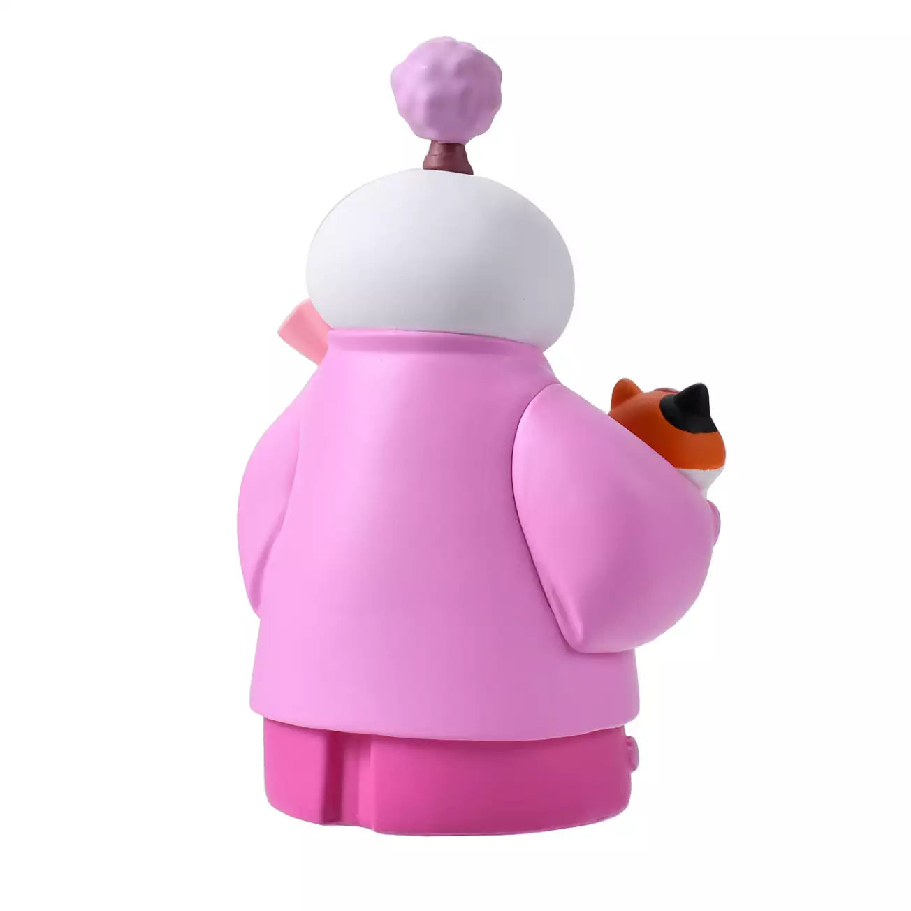An adorable figure of Baymax from Big Hero 6 dressed in a traditional pink kimono and hakama for the cherry blossom season. Baymax holds a pink fan with a flower design in one hand and cradles Mochi the cat (also smiling) in the other arm. A small cherry blossom tree sprouts from Baymax's head. The setting is a festive pink sakura background.