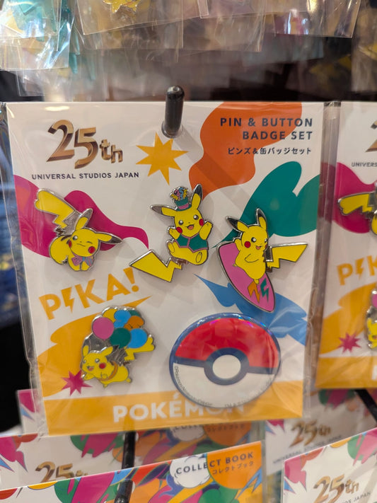 A limited-edition pin badge from the exclusive Universal Studios Japan 25th Anniversary Pokémon 'Discover U!!!' collection, featuring festive celebratory designs.
