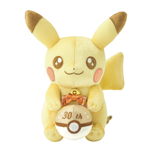 Official Pokémon Center Japan 30th Anniversary Pikachu mascot plush featuring a birthday ribbon, sparkling fabric, and an embroidered '30th' Poké Ball.