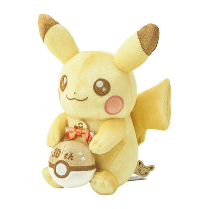 Official Pokémon Center Japan 30th Anniversary Pikachu mascot plush featuring a birthday ribbon, sparkling fabric, and an embroidered '30th' Poké Ball.