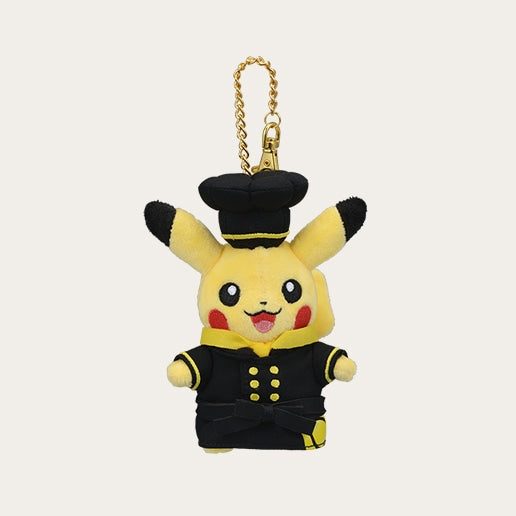 Plush keychain of Pikachu in a black uniform with a gold chain. Outfit in Patisserie.