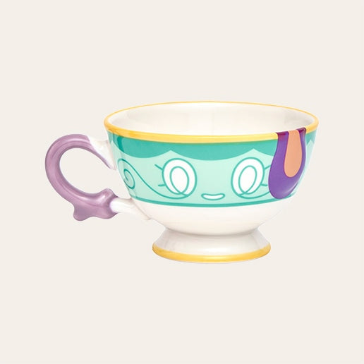 Colorful teacup with a motif Sinistea, having a purple handle. Shop at LEALEA MART.