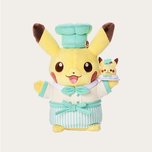 Plush toy of Pikachu in a patissiere outfit with a smaller plush toy.