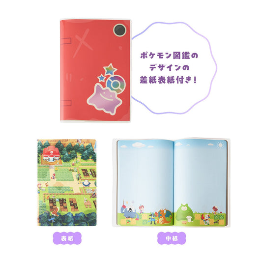 A red B6 size notebook from the Pokémon Pokopia collection, decorated with colorful in-game motifs and a Ditto sticker design on the cover.