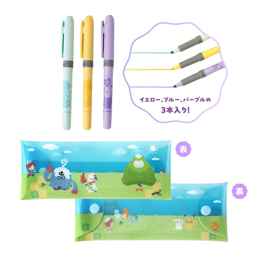 A set of three colorful markers in a clear plastic case featuring Pokémon Pokopia illustrations of Snorlax and Castform.