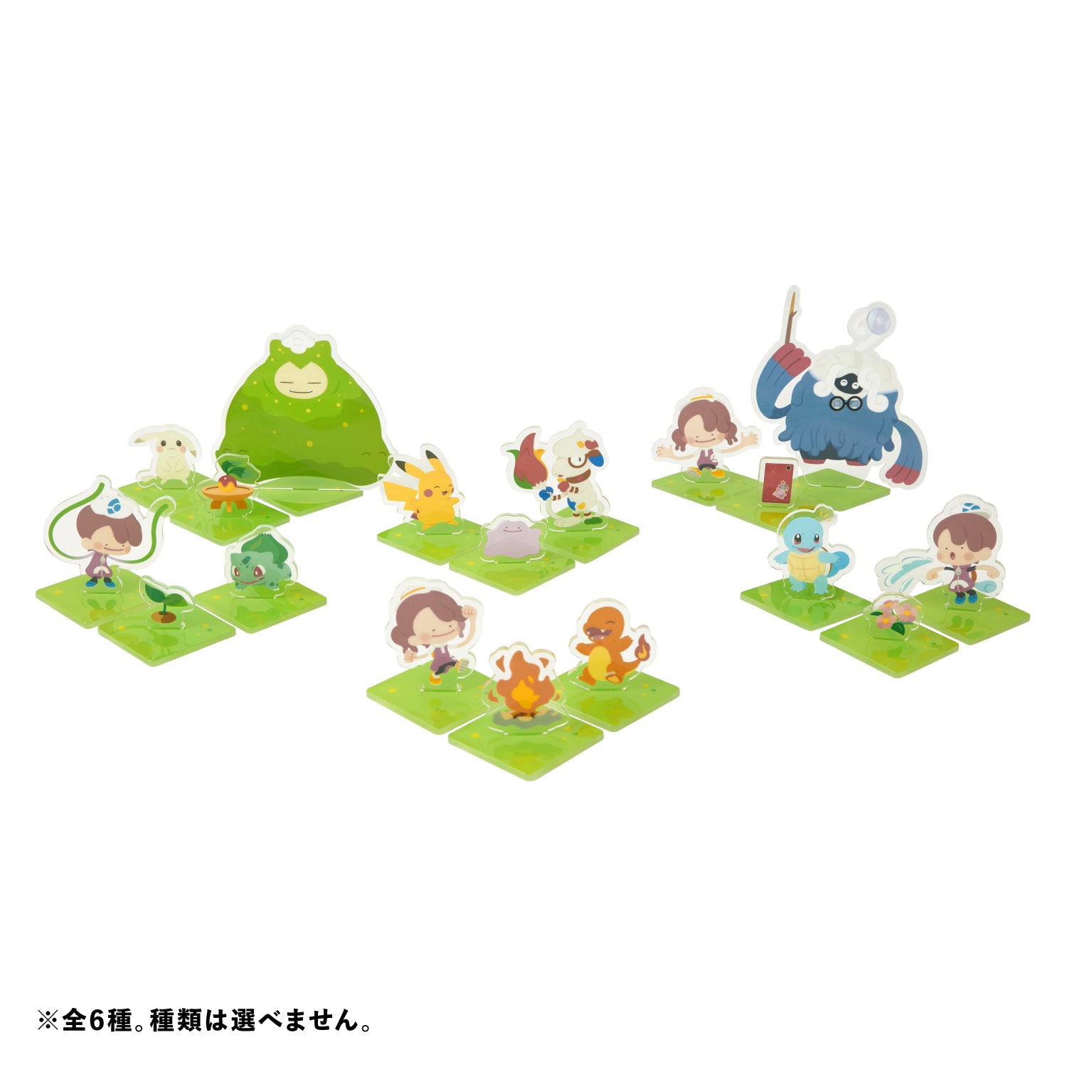 A blind-box acrylic stand from the Pokémon Pokopia collection, featuring one of six scenic character illustrations from the slow-life sandbox game.