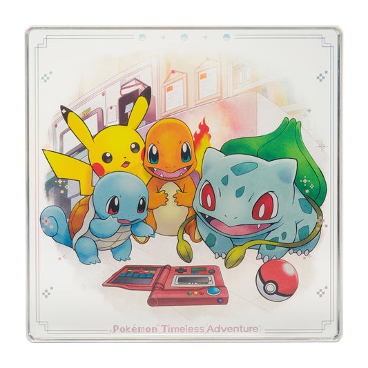 Thick decorative acrylic display block featuring official Pokémon Timeless Adventure Kanto artwork.