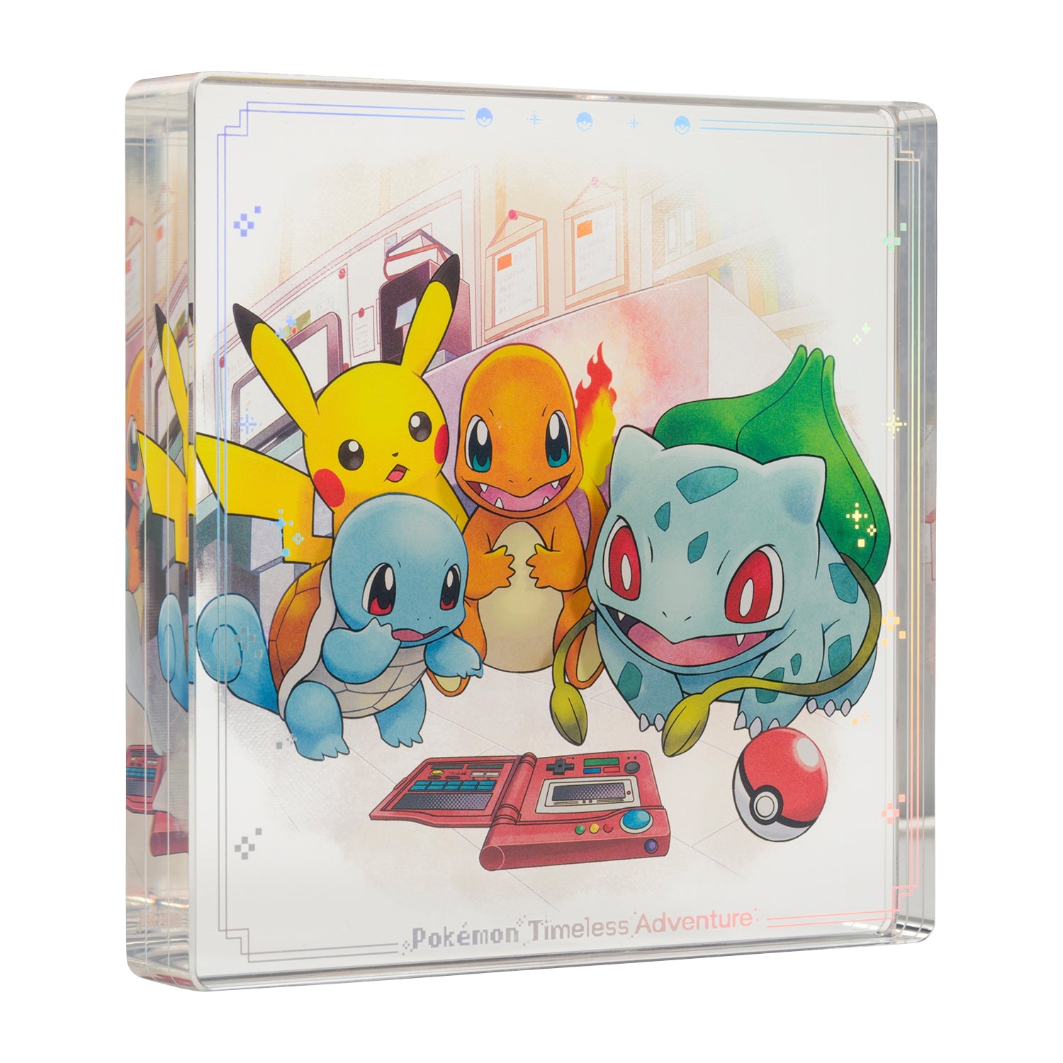 Thick decorative acrylic display block featuring official Pokémon Timeless Adventure Kanto artwork.