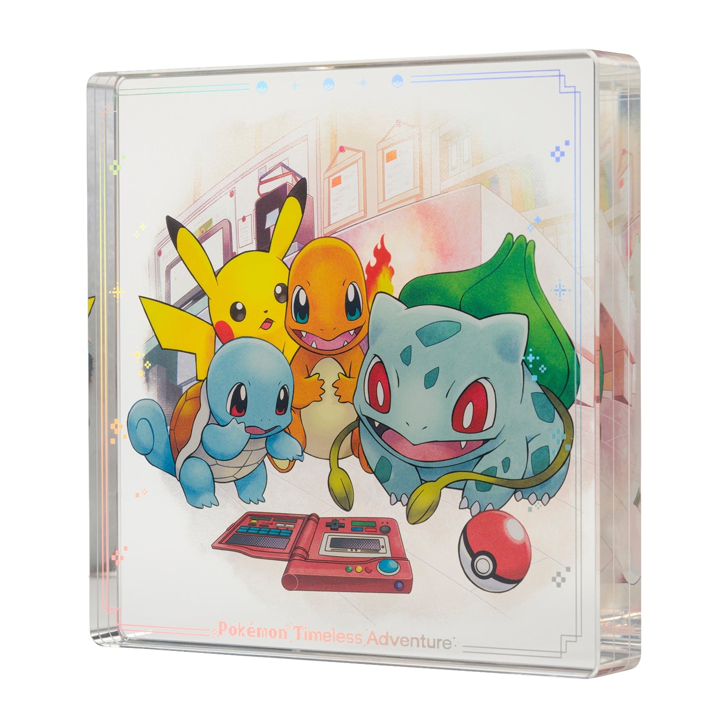 Thick decorative acrylic display block featuring official Pokémon Timeless Adventure Kanto artwork.