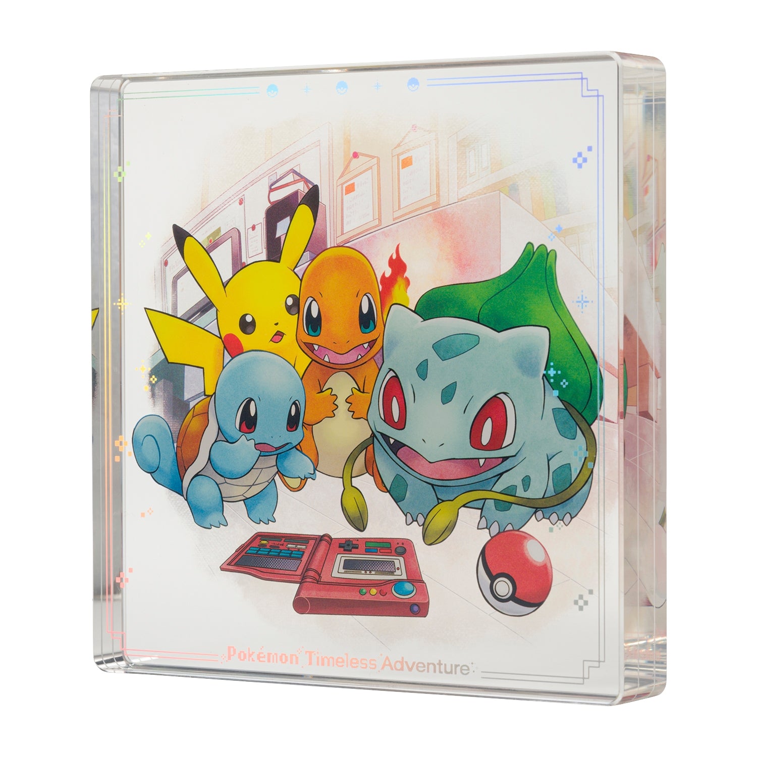 Thick decorative acrylic display block featuring official Pokémon Timeless Adventure Kanto artwork.