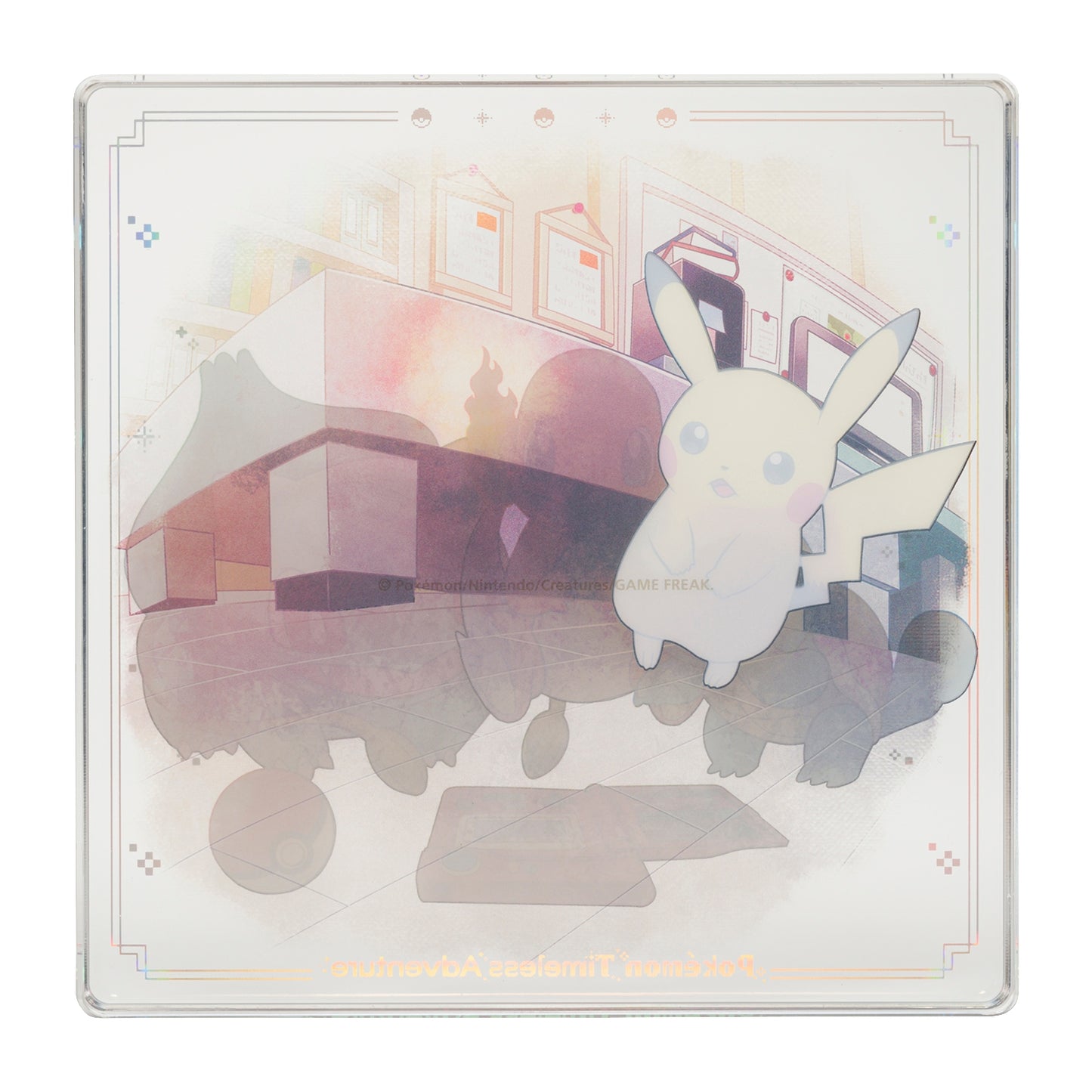 Thick decorative acrylic display block featuring official Pokémon Timeless Adventure Kanto artwork.