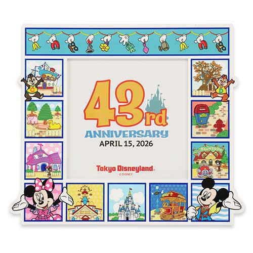 Official Tokyo Disneyland 43rd Anniversary acrylic photo stand featuring a colorful Toontown design.