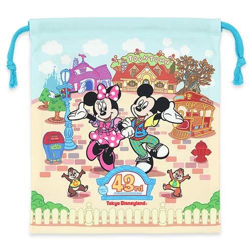 Tokyo Disneyland 43rd Anniversary Toontown drawstring pouch featuring colorful Disney character art.
