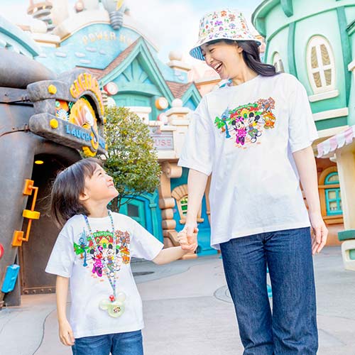Official Tokyo Disneyland 43rd Anniversary Toontown T-shirt featuring a colorful, pop-art Disney character design.