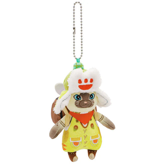 A USJ exclusive Monster Hunter Palico plush keychain. The adorable Felyne mascot is wearing a yellow and green outfit, a red bandana, and a white furry hat with a red paw print. It is carrying a brown barrel backpack and features a silver ball chain at the top for easy attachment.