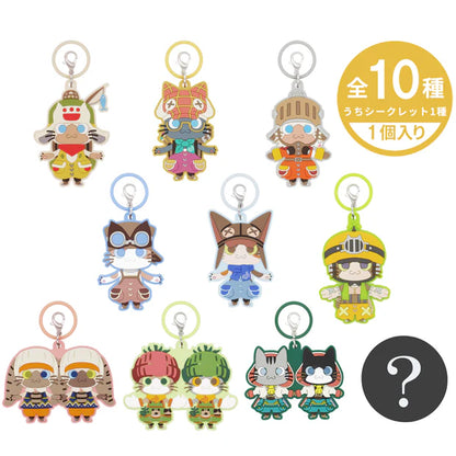 A USJ exclusive Monster Hunter secret collectible charm collection. The image displays a lineup of nine different Palico Felyne characters dressed in various colorful armor sets and outfits, along with one black circle featuring a question mark to represent the rare 'secret' mystery design. There are 10 designs in total to collect in this blind box series.
