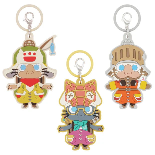 A USJ exclusive Monster Hunter secret collectible charm collection. The image displays a lineup of nine different Palico Felyne characters dressed in various colorful armor sets and outfits, along with one black circle featuring a question mark to represent the rare 'secret' mystery design. There are 10 designs in total to collect in this blind box series.