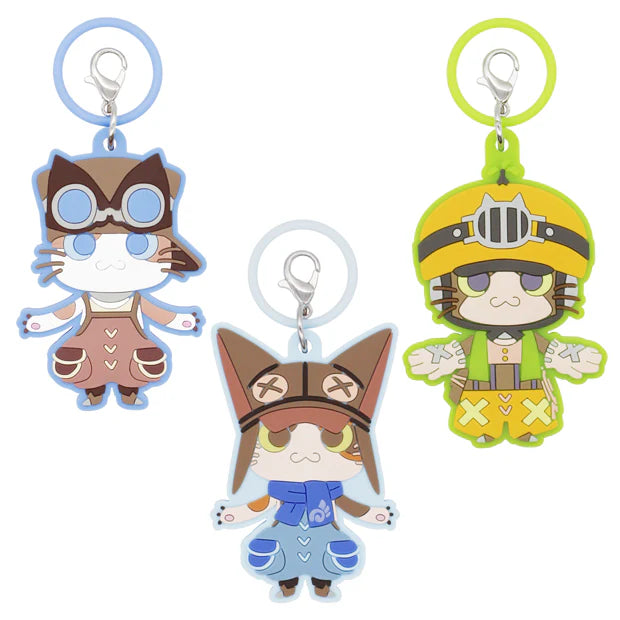 A USJ exclusive Monster Hunter secret collectible charm collection. The image displays a lineup of nine different Palico Felyne characters dressed in various colorful armor sets and outfits, along with one black circle featuring a question mark to represent the rare 'secret' mystery design. There are 10 designs in total to collect in this blind box series.