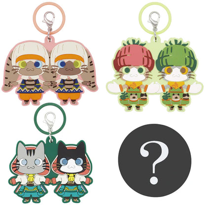 A USJ exclusive Monster Hunter secret collectible charm collection. The image displays a lineup of nine different Palico Felyne characters dressed in various colorful armor sets and outfits, along with one black circle featuring a question mark to represent the rare 'secret' mystery design. There are 10 designs in total to collect in this blind box series.