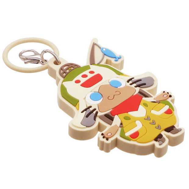 A USJ exclusive Monster Hunter secret collectible charm collection. The image displays a lineup of nine different Palico Felyne characters dressed in various colorful armor sets and outfits, along with one black circle featuring a question mark to represent the rare 'secret' mystery design. There are 10 designs in total to collect in this blind box series.