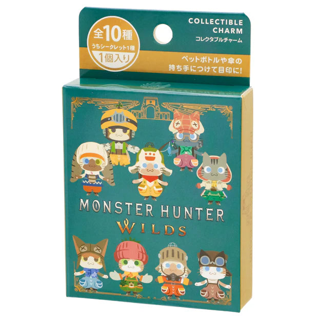 A USJ exclusive Monster Hunter secret collectible charm collection. The image displays a lineup of nine different Palico Felyne characters dressed in various colorful armor sets and outfits, along with one black circle featuring a question mark to represent the rare 'secret' mystery design. There are 10 designs in total to collect in this blind box series.