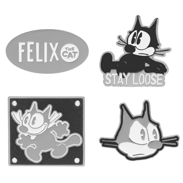 A set of four Felix the Cat enamel pins from the USJ UNIVRS collection. The pins feature Felix the Cat's face, a vintage logo, and Felix sitting next to the text 'STAY LOOSE'.
