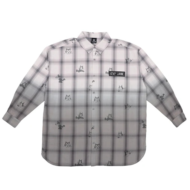 A grey and white plaid button-down shirt from the USJ UNIVRS collection with an all-over print of Felix the Cat's face and a black patch that says 'STAY LOOSE'.