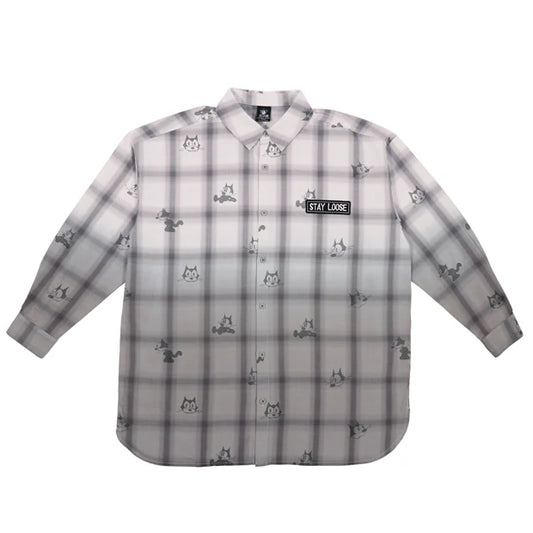 A grey and white plaid button-down shirt from the USJ UNIVRS collection with an all-over print of Felix the Cat's face and a black patch that says 'STAY LOOSE'.