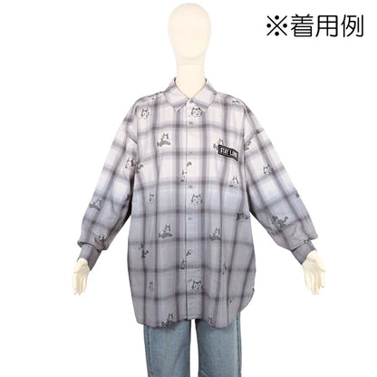 A grey and white plaid button-down shirt from the USJ UNIVRS collection with an all-over print of Felix the Cat's face and a black patch that says 'STAY LOOSE'.