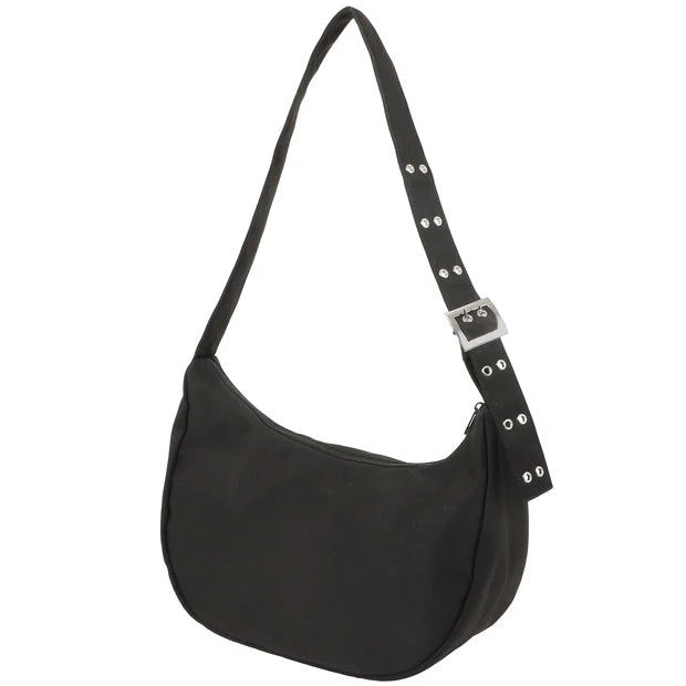 A black shoulder bag from the USJ UNIVRS collection featuring a pocket with a graphic of the shark from Jaws and the text 'JAWS' and 'AMITY ISLAND'.