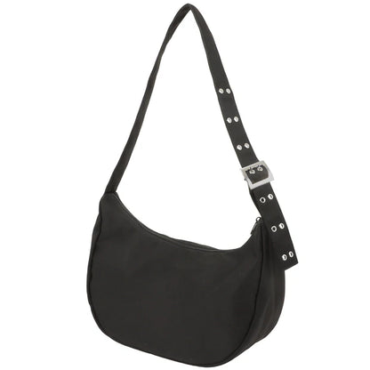 A black shoulder bag from the USJ UNIVRS collection featuring a pocket with a graphic of the shark from Jaws and the text 'JAWS' and 'AMITY ISLAND'.