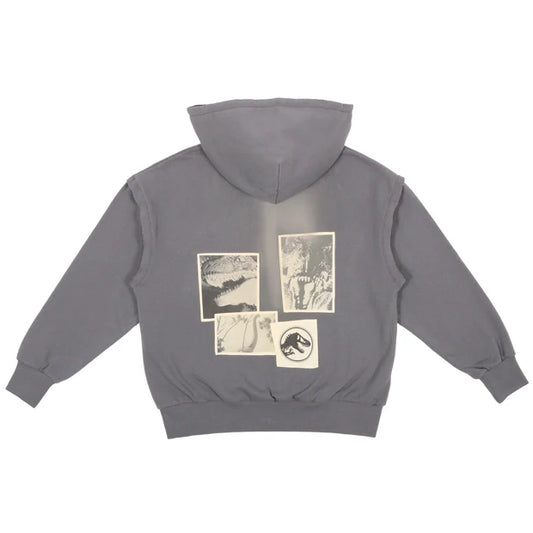 A grey zip-up hoodie from the USJ UNIVRS collection with a subtle graphic of a dinosaur scratching its claws and the text 'JURASSIC WORLD' on the front. The back features four vintage comic panels of dinosaurs.