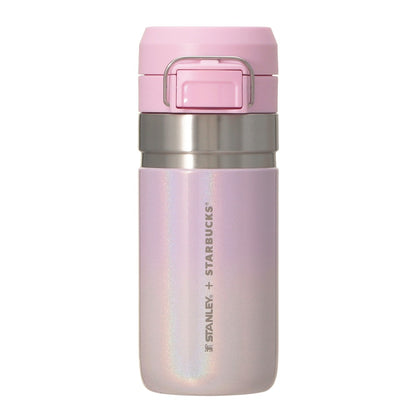 Starbucks Japan SAKURA Shine Brightly 2026 collection merchandise. Limited edition series featuring glitter pink stainless bottles, Stanley collaboration tumblers in pink gradient, and color-changing cups. The design theme highlights vivid spring colors, metallic gold accents, and bright cherry blossom patterns.
