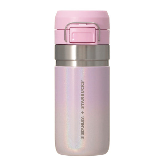 Starbucks Japan SAKURA Shine Brightly 2026 collection merchandise. Limited edition series featuring glitter pink stainless bottles, Stanley collaboration tumblers in pink gradient, and color-changing cups. The design theme highlights vivid spring colors, metallic gold accents, and bright cherry blossom patterns.