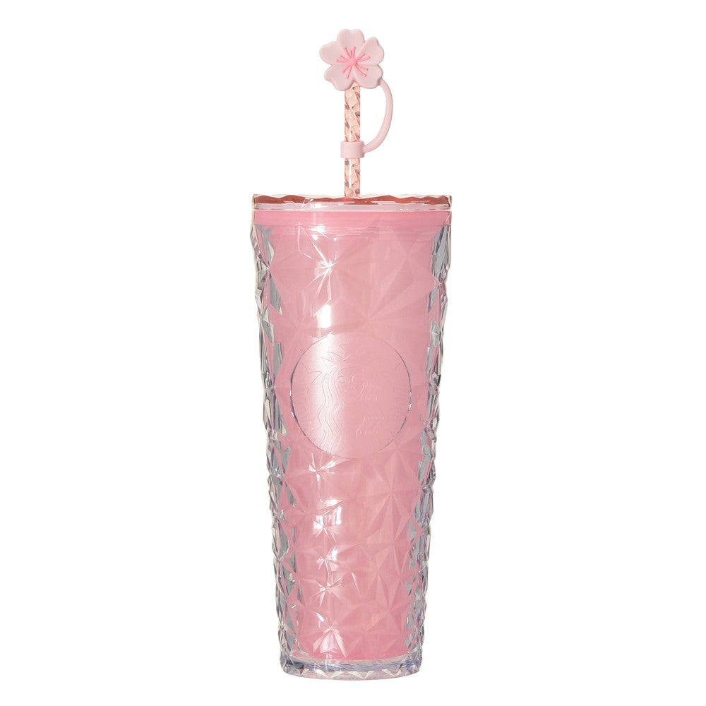 Starbucks Japan SAKURA Shine Brightly 2026 collection merchandise. Limited edition series featuring glitter pink stainless bottles, Stanley collaboration tumblers in pink gradient, and color-changing cups. The design theme highlights vivid spring colors, metallic gold accents, and bright cherry blossom patterns.