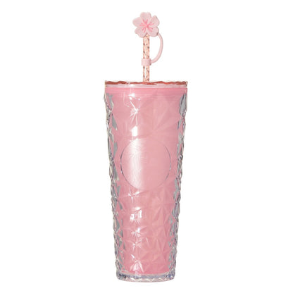 Starbucks Japan SAKURA Shine Brightly 2026 collection merchandise. Limited edition series featuring glitter pink stainless bottles, Stanley collaboration tumblers in pink gradient, and color-changing cups. The design theme highlights vivid spring colors, metallic gold accents, and bright cherry blossom patterns.
